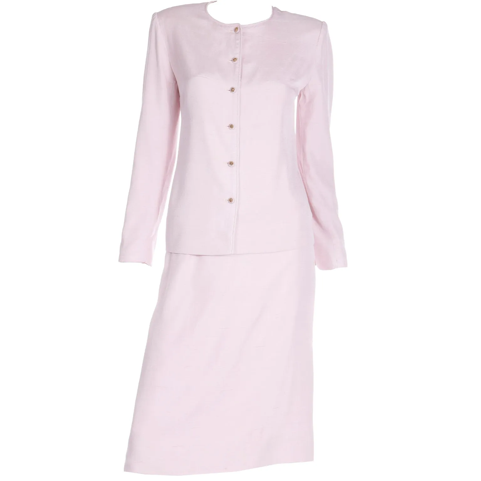 1970s Chanel Creations Philippe Guibourge Pink Silk 2 Pc Jacket & Skirt Suit