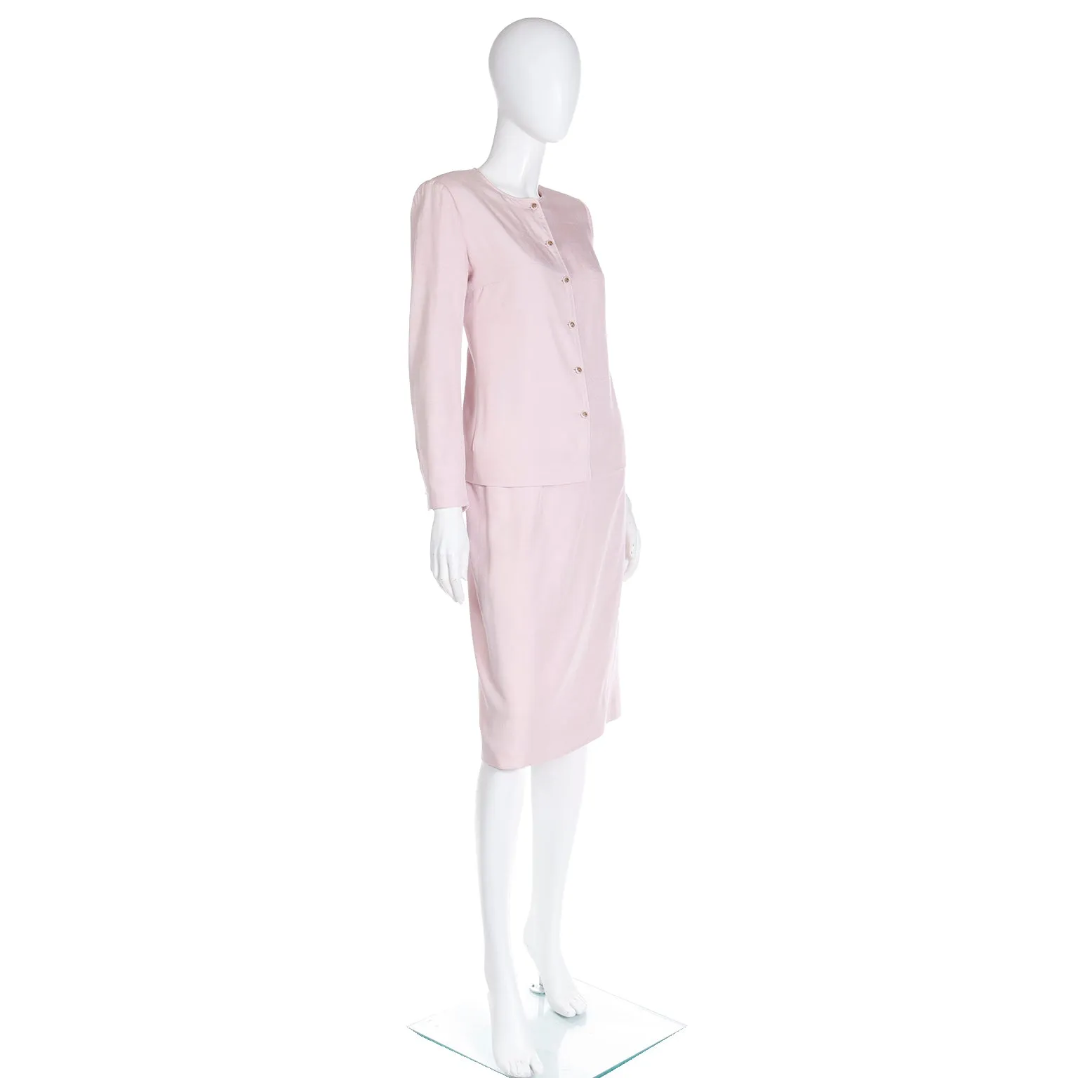 1970s Chanel Creations Philippe Guibourge Pink Silk 2 Pc Jacket & Skirt Suit