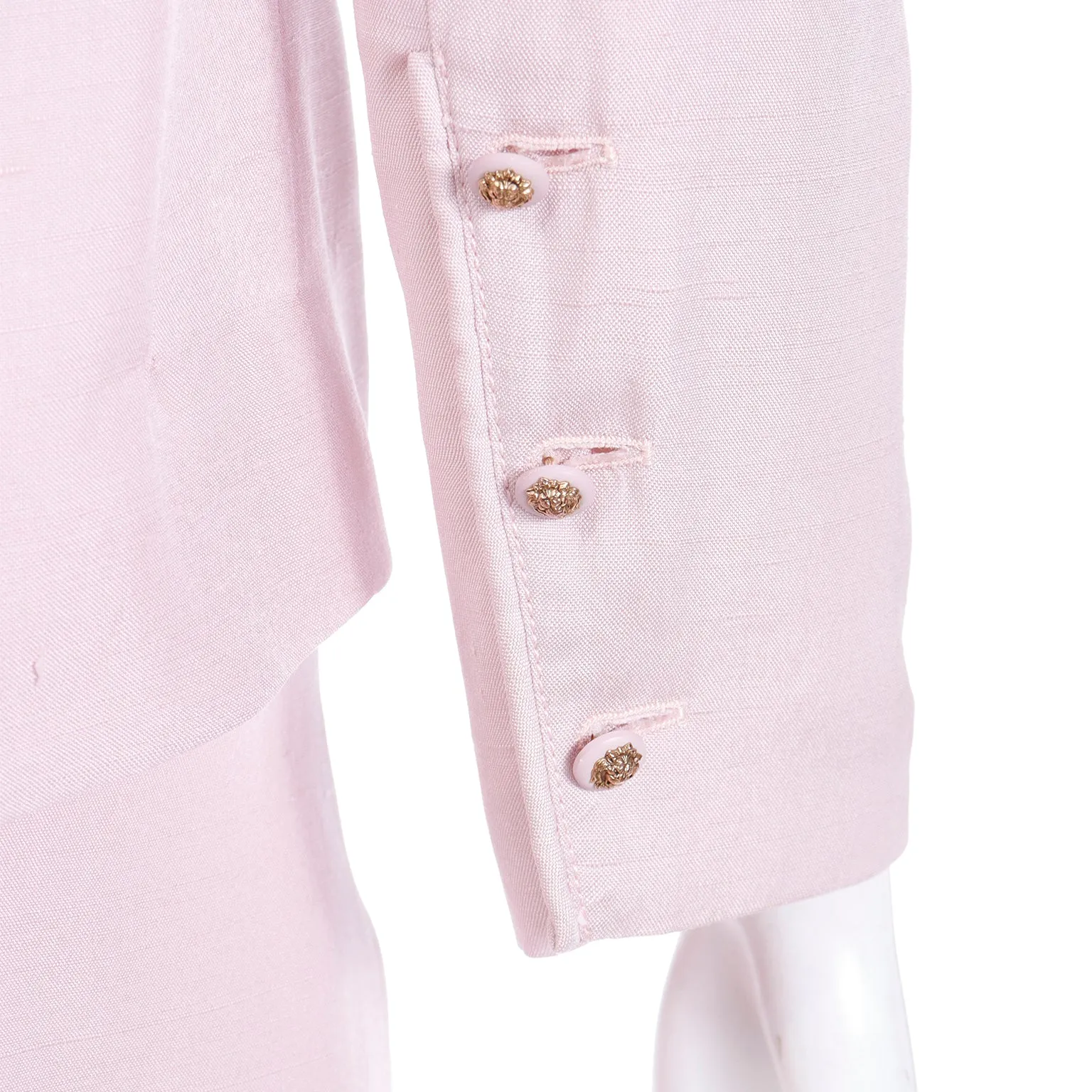 1970s Chanel Creations Philippe Guibourge Pink Silk 2 Pc Jacket & Skirt Suit