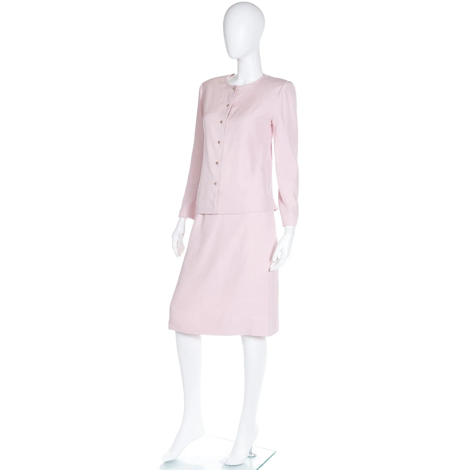 1970s Chanel Creations Philippe Guibourge Pink Silk 2 Pc Jacket & Skirt Suit
