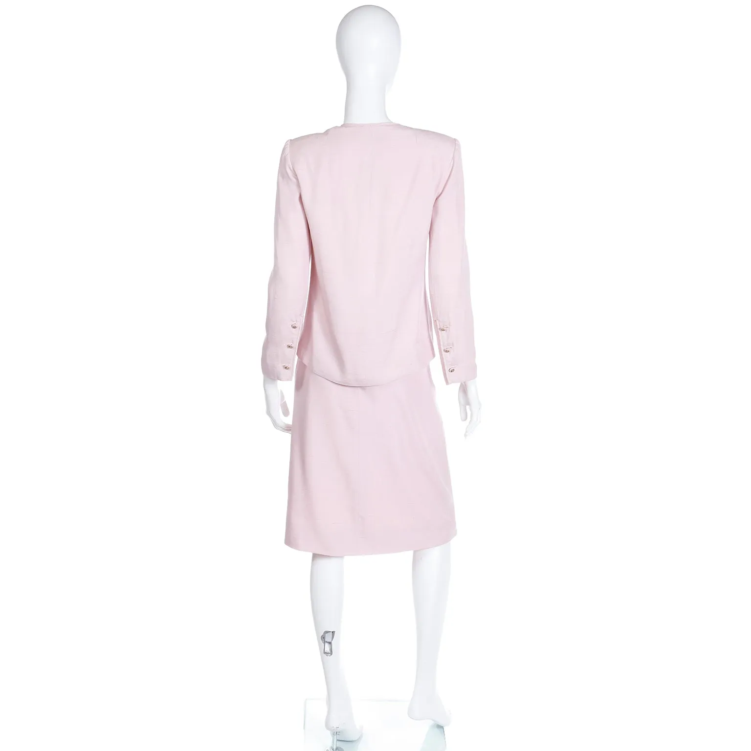 1970s Chanel Creations Philippe Guibourge Pink Silk 2 Pc Jacket & Skirt Suit