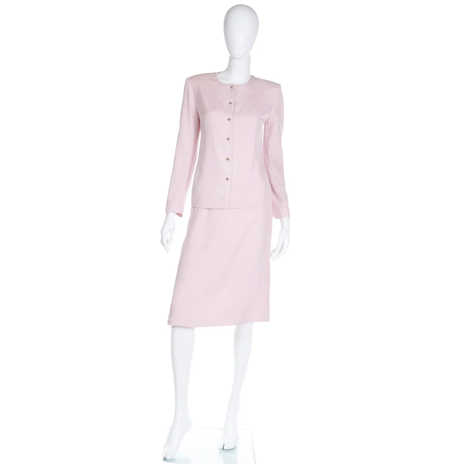 1970s Chanel Creations Philippe Guibourge Pink Silk 2 Pc Jacket & Skirt Suit