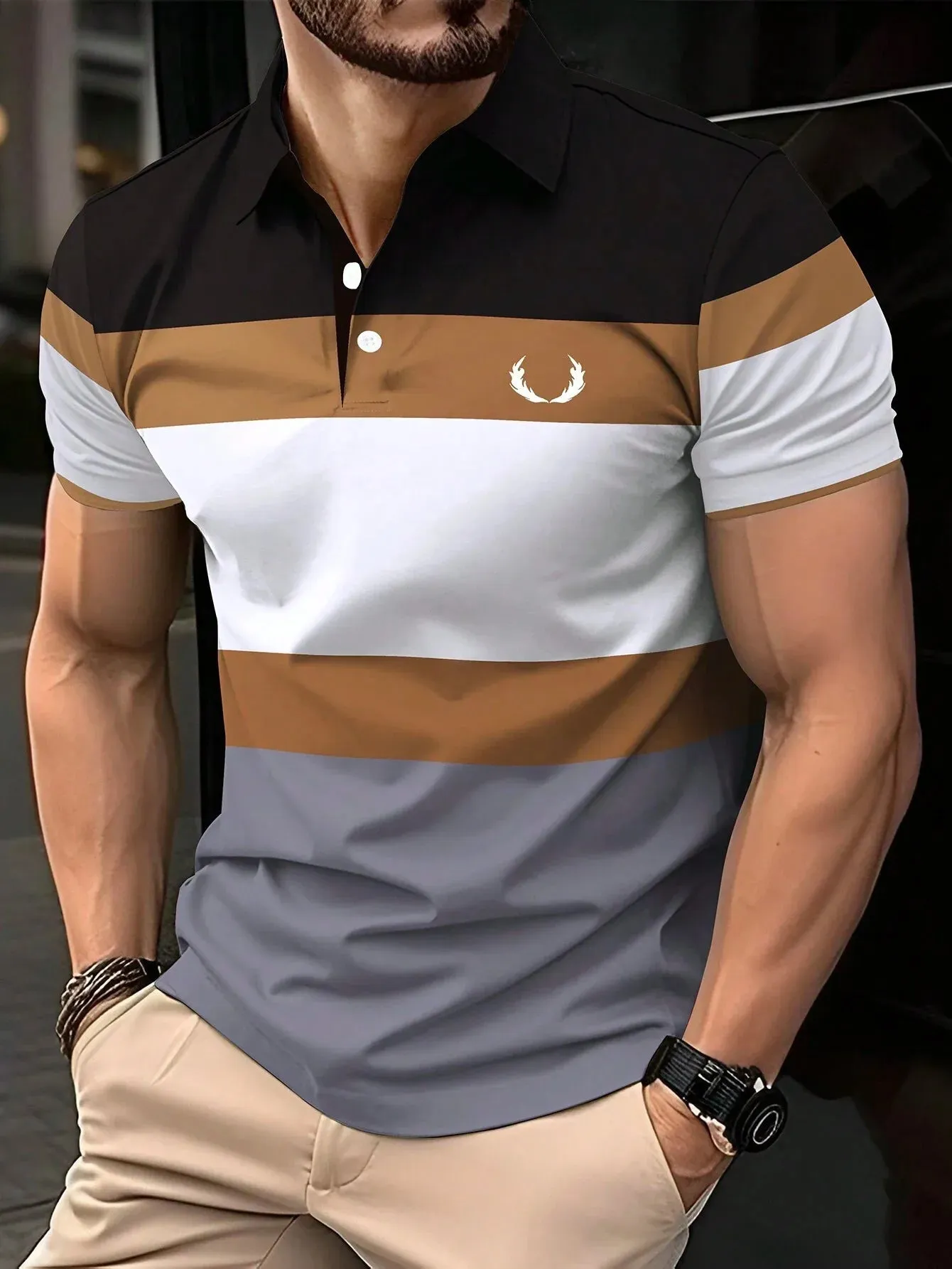 2024 New Men's Summer Short Clothes Sleeved Lapel 3D Digital Printed Striped Polo Shirt Men's Business Casual Top Clothes