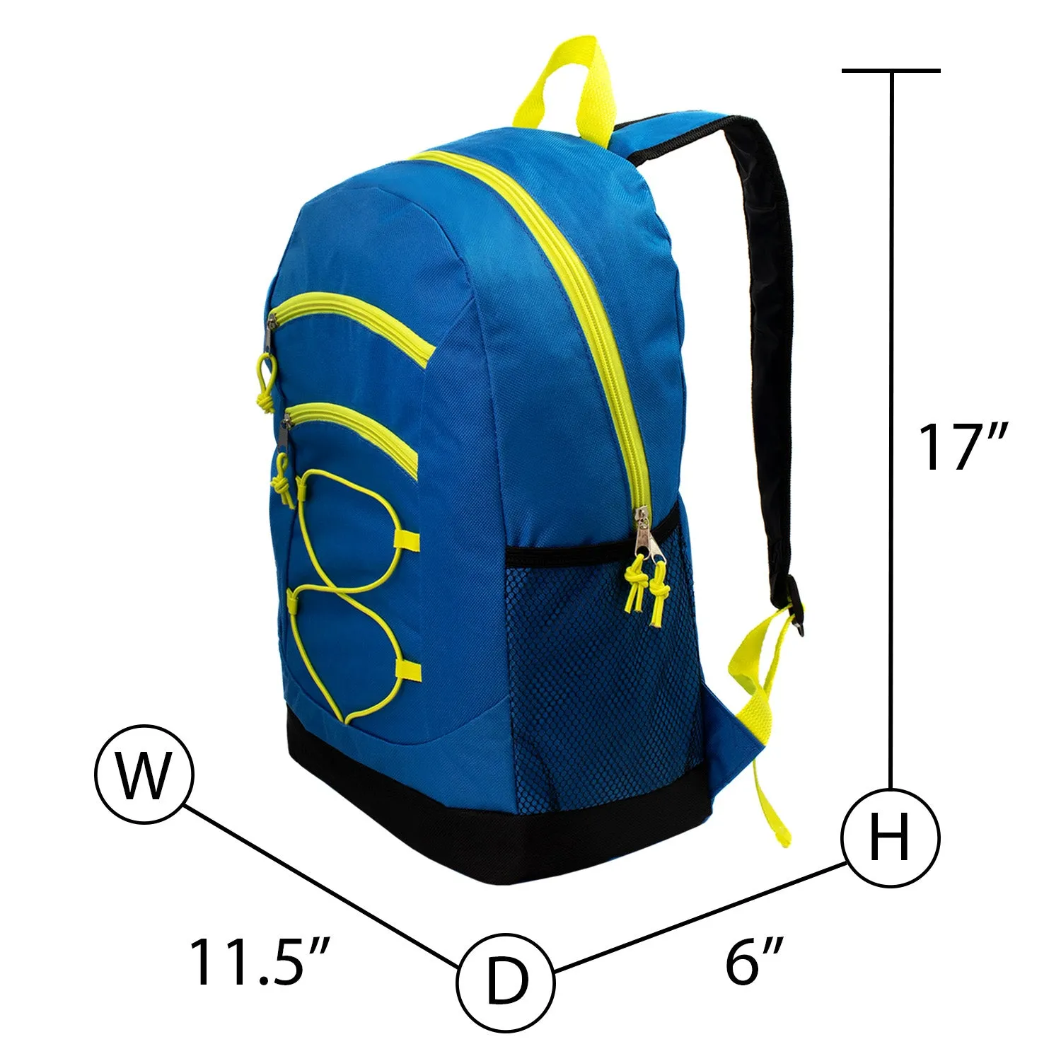 24 Pack of 17" Bungee Deluxe and Classic Design Wholesale Backpack in Assorted Colors and Prints  - Bulk Case of 24