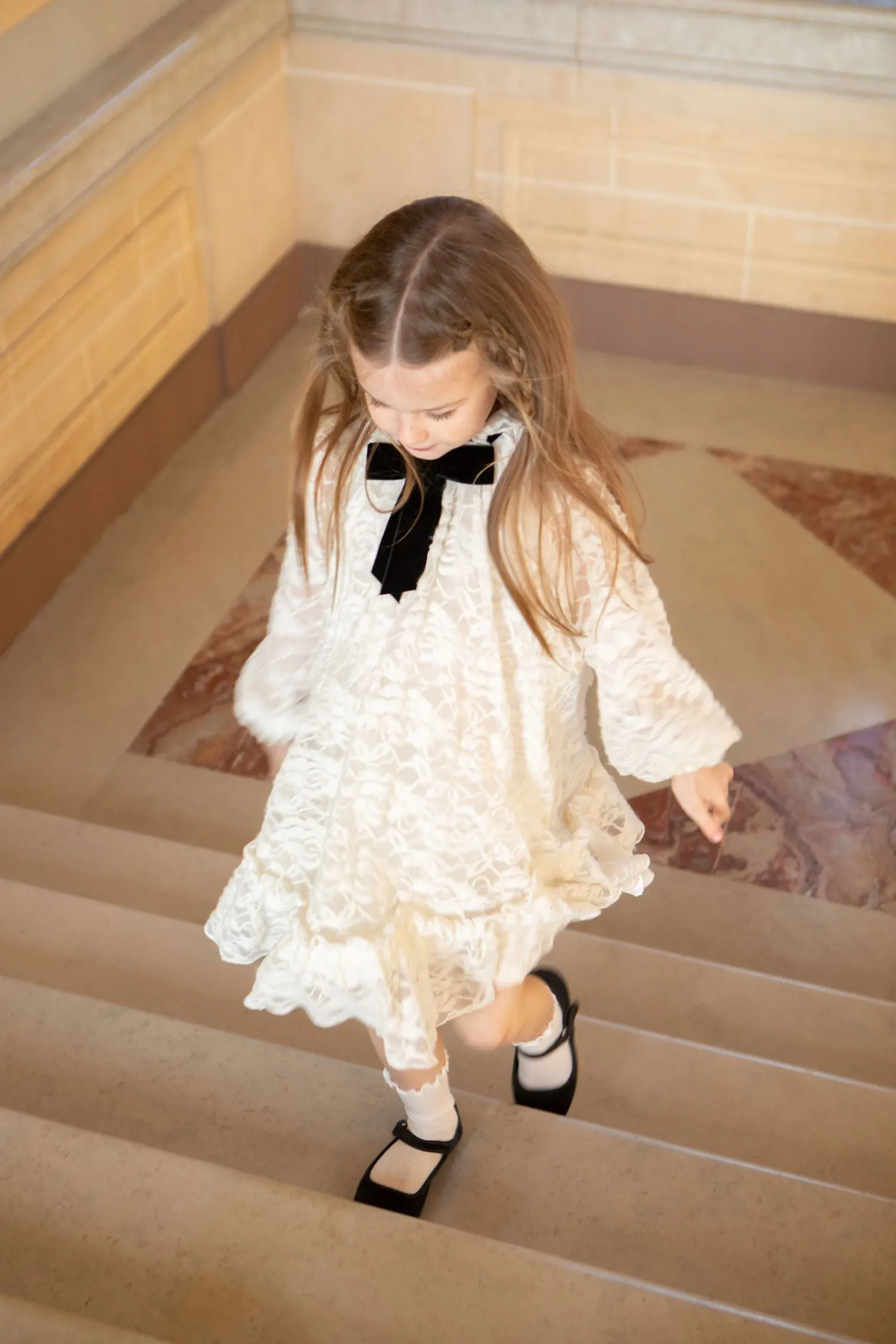 ALAPAGE GAIA VELVET TIE WITH BOTTOM RUFFLE LACE DRESS