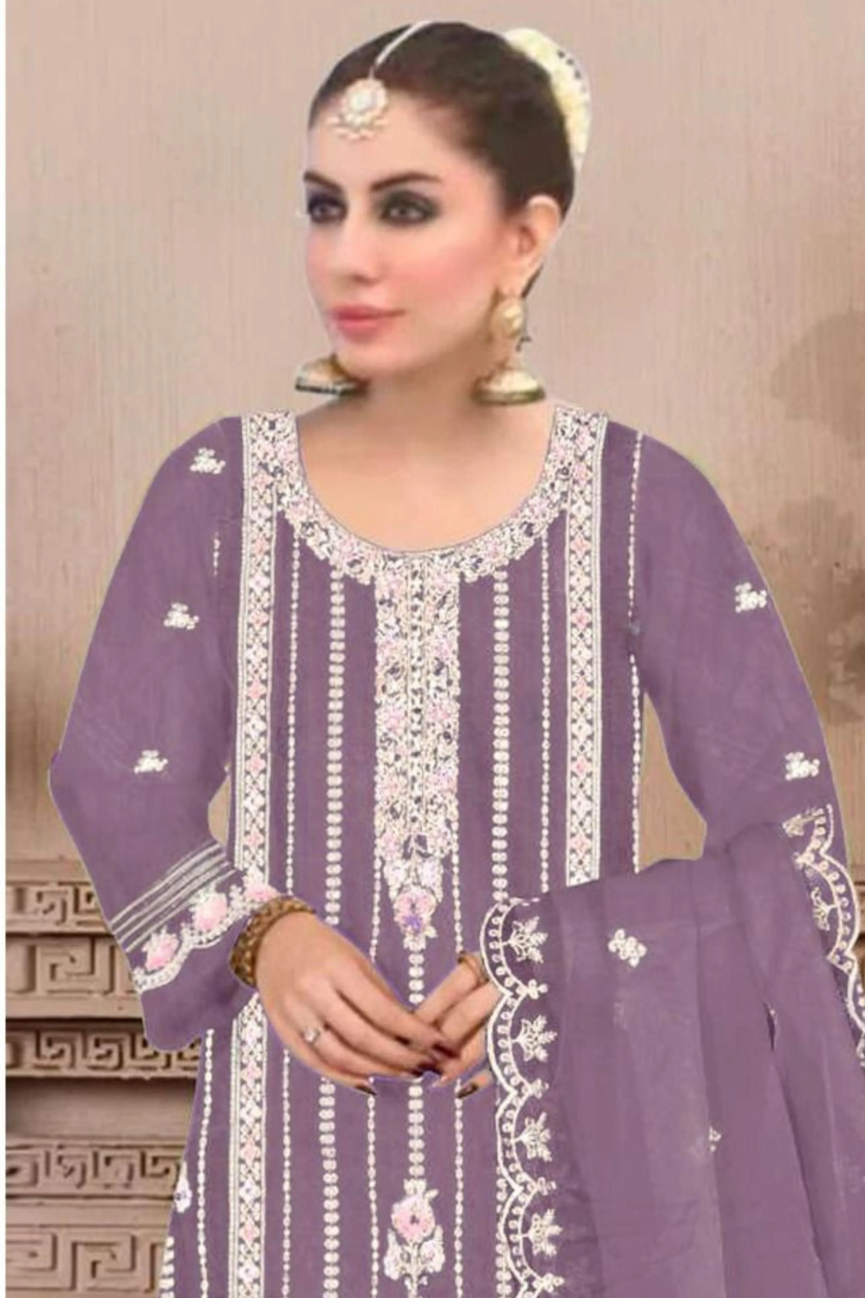 Alluring Purple Color Organza With Embroidery Work Suit For Women