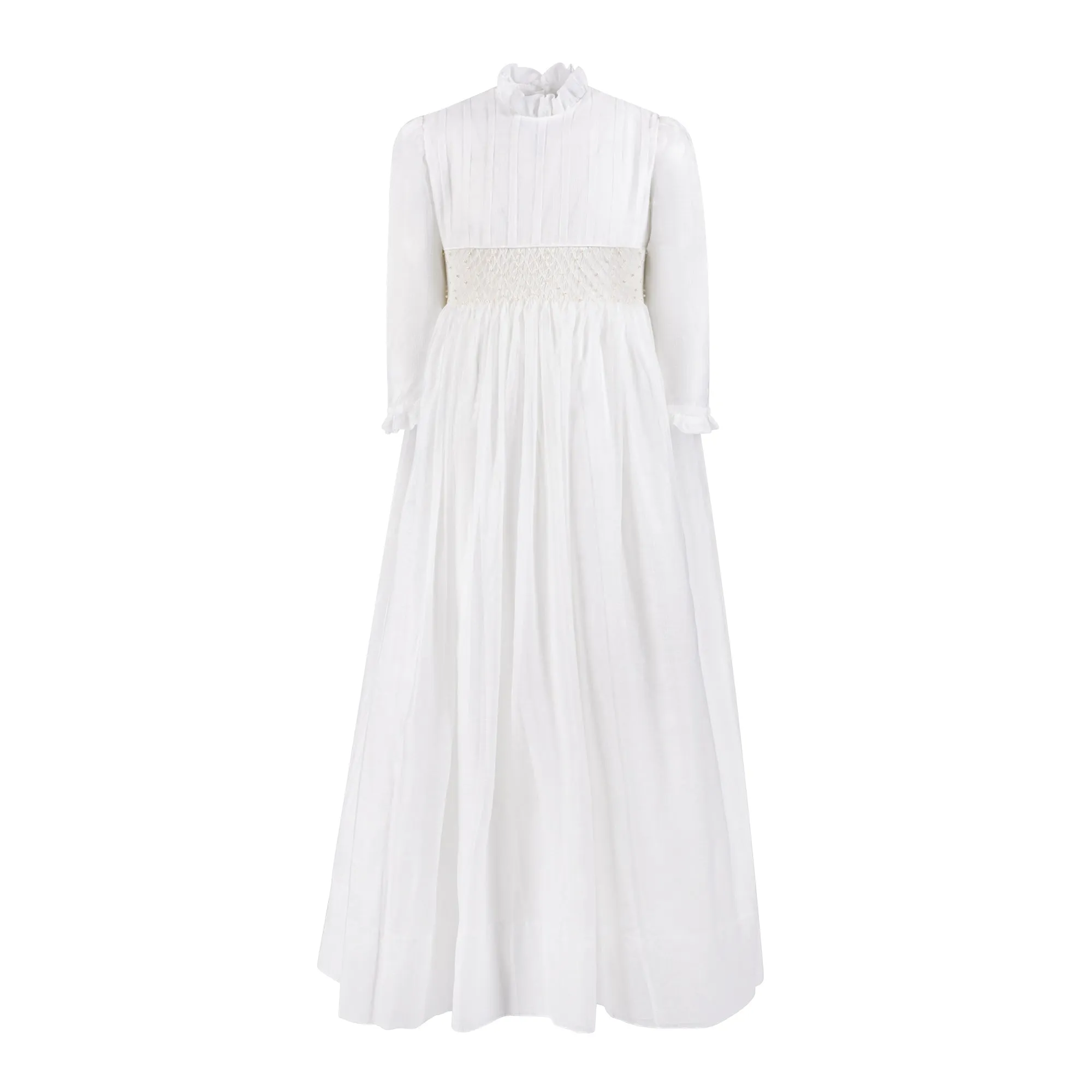 AMAYA RUFFLED HIGH NECK WITH PEARL SMOCKED WAIST GOWN