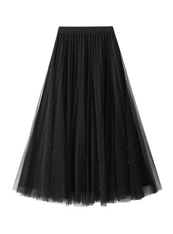 Beaded Gauze Pleated Skirt Worn on Both Sides