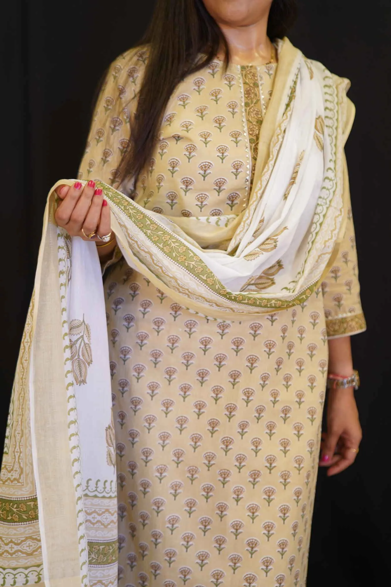 Beige & White Over All Block Printed With U neck  Premium Salwar Kameez with  dupatta
