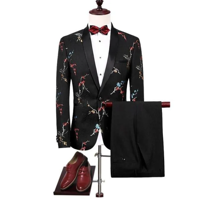 Black Floral Print Tuxedo Mens Suits