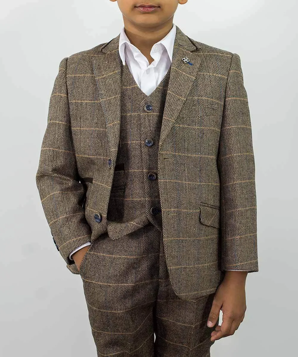 Boys Albert Suit Olive Sage Brown Tweed - Luxe Range