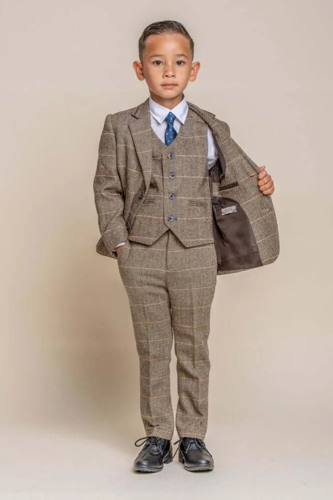 Boys Albert Suit Olive Sage Brown Tweed - Luxe Range