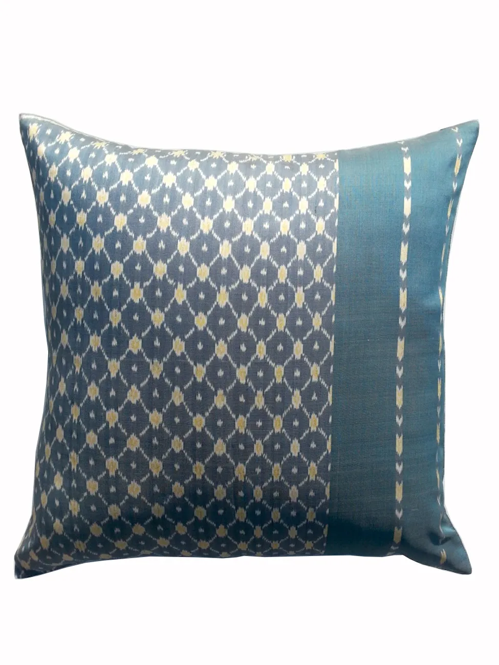 Cambodian Silk Ikat Pillow Teal Blue Ivory Yellow