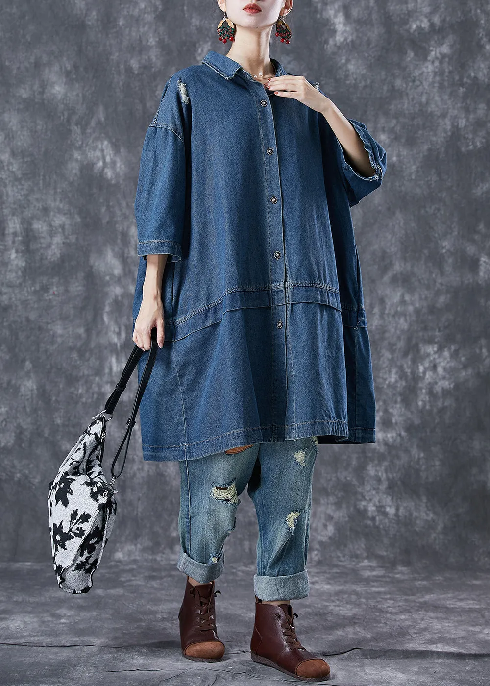 Casual Navy Oversized Patchwork Denim Ripped Trench Coats Bracelet Sleeve LY7064