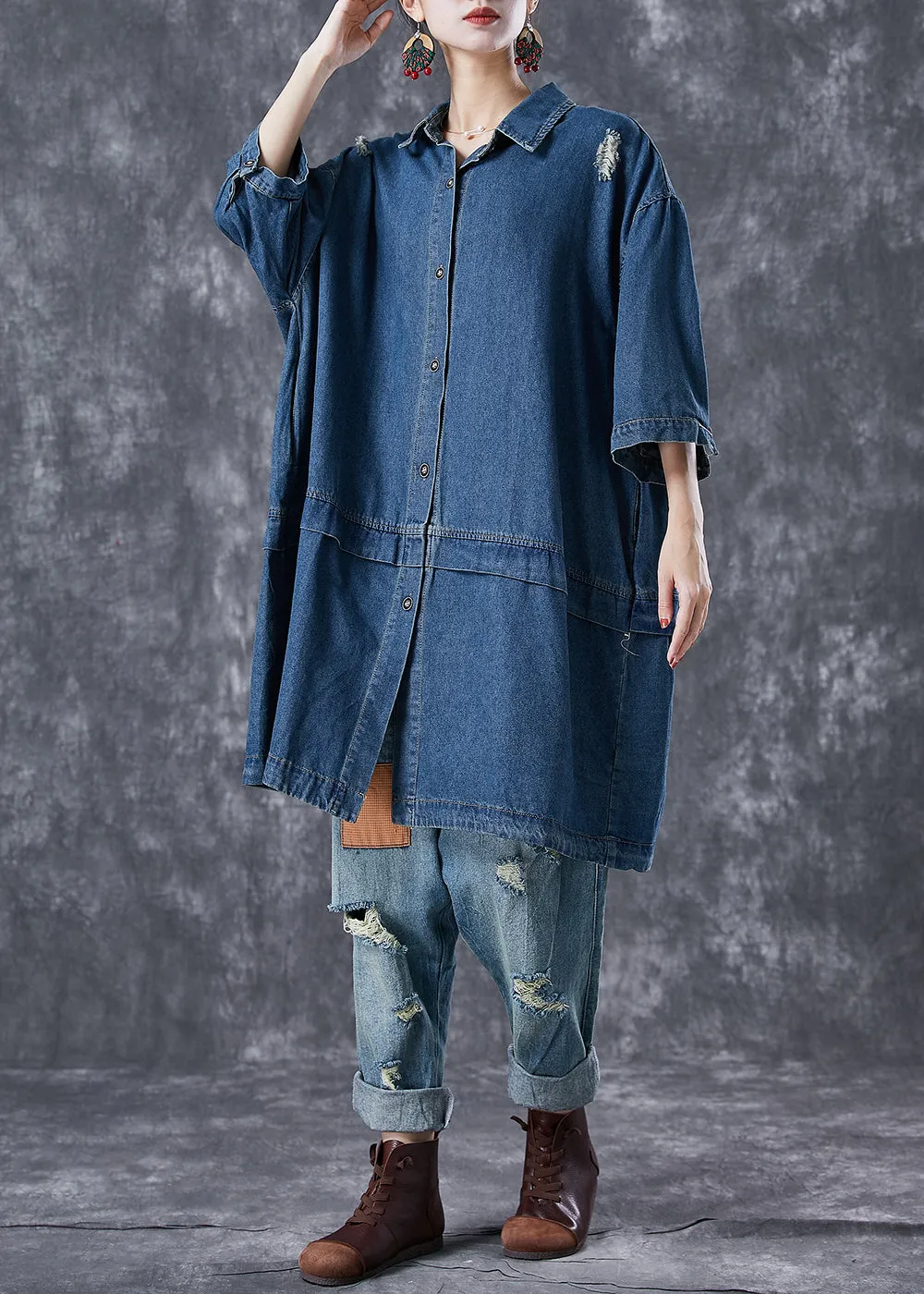 Casual Navy Oversized Patchwork Denim Ripped Trench Coats Bracelet Sleeve LY7064