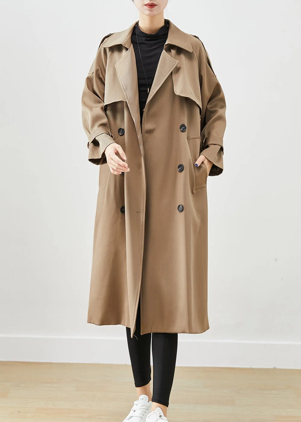 Classy Coffee Double Breast Pockets Cotton Trench Fall ML2425