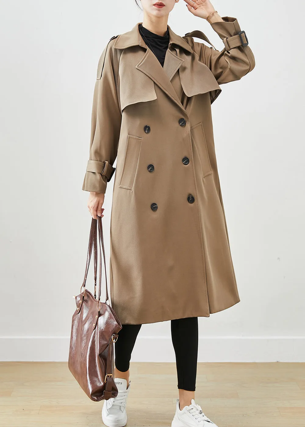 Classy Coffee Double Breast Pockets Cotton Trench Fall ML2425