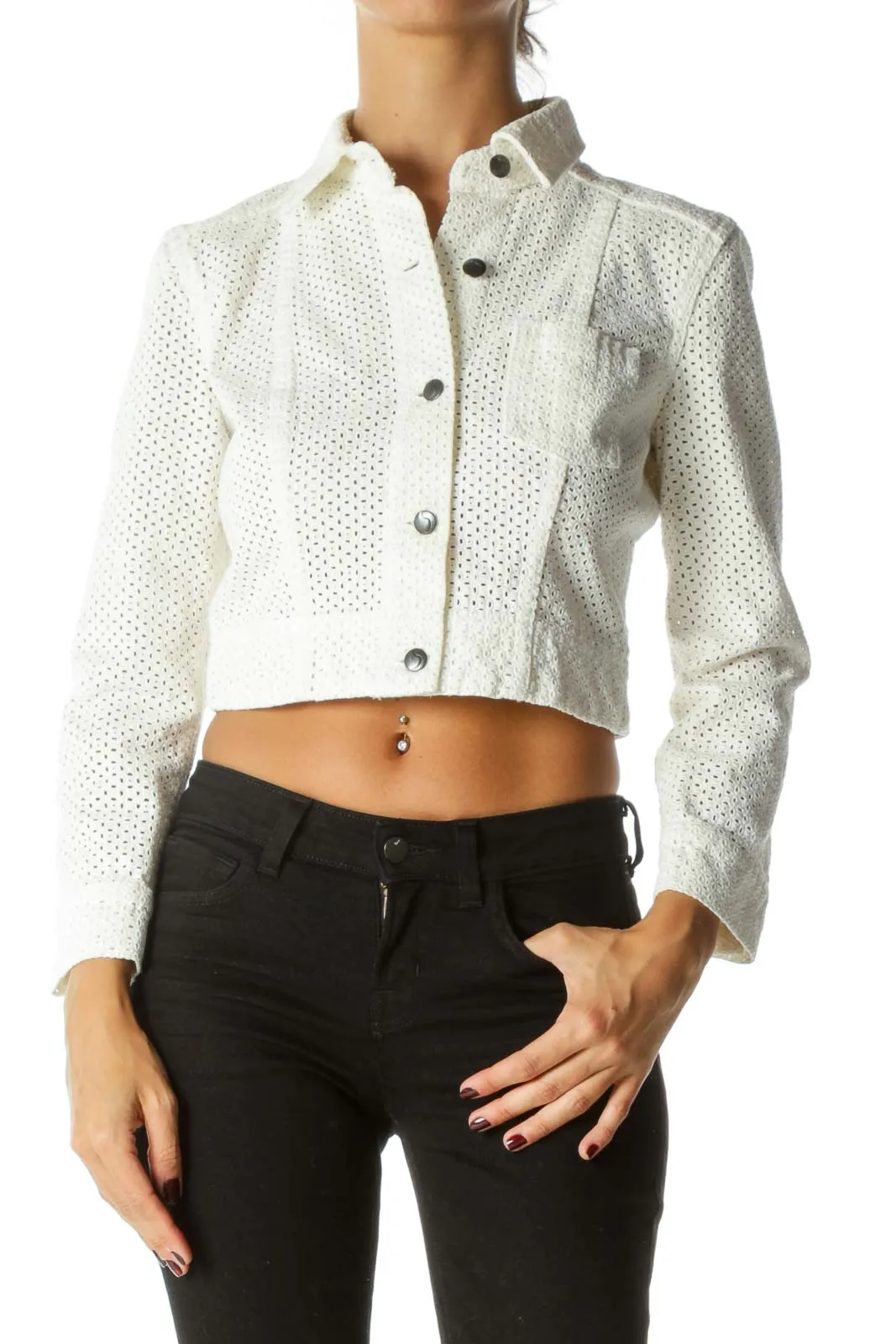 Cream Small Eyelet Pocket Buttoned Long Sleeve Jacket