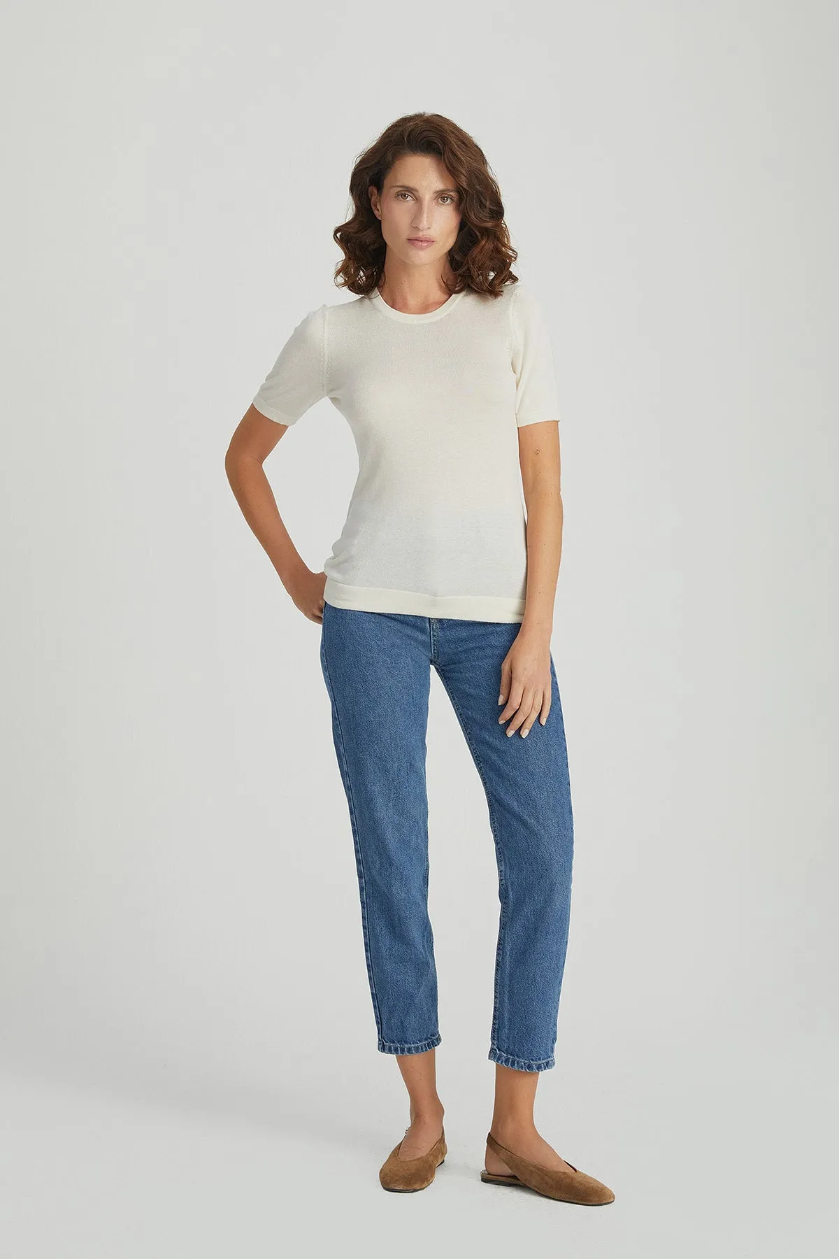 Ecru Zoe Silk Cashmere Round Neck Short Sleeve Knitwear