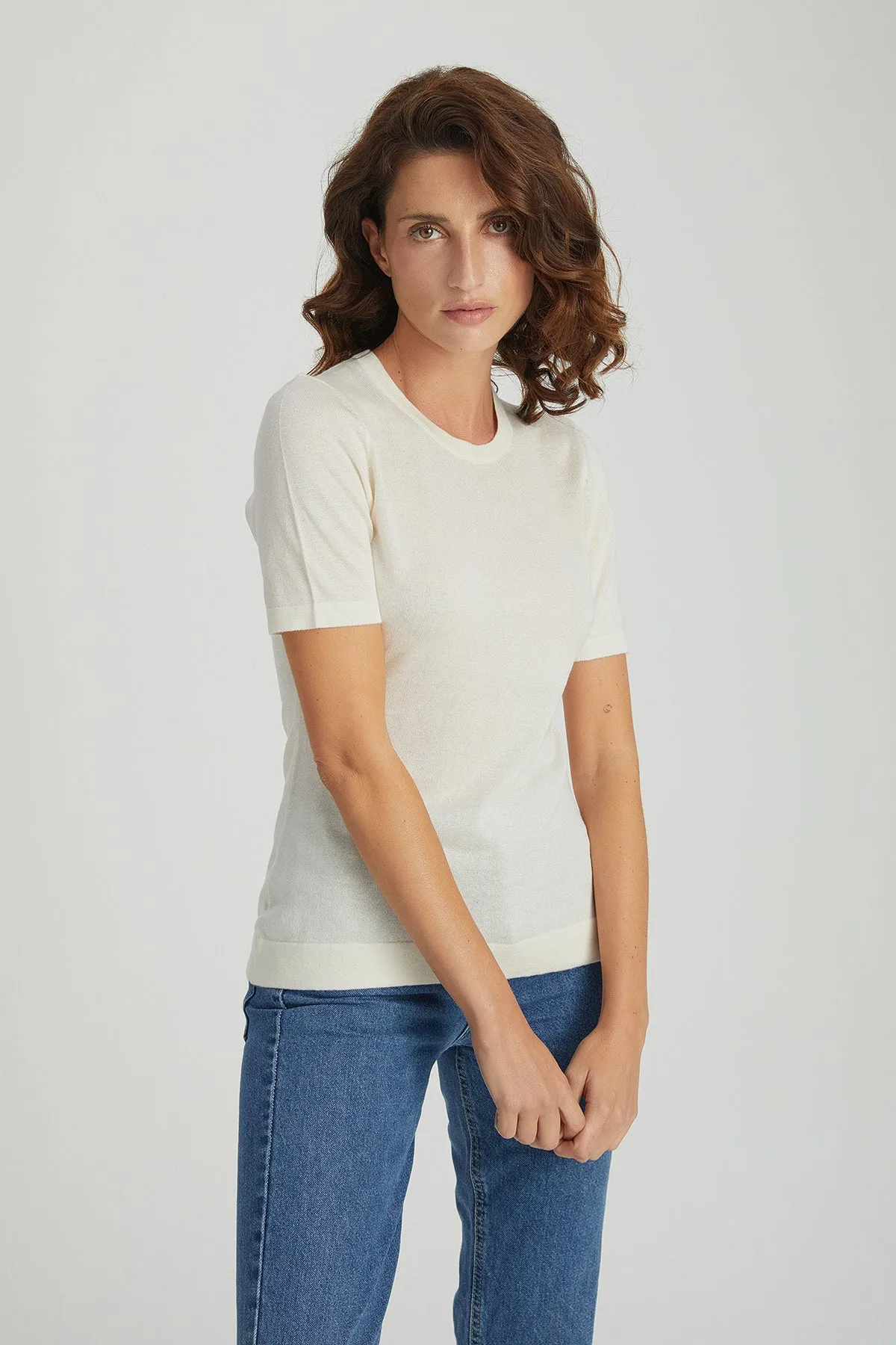 Ecru Zoe Silk Cashmere Round Neck Short Sleeve Knitwear