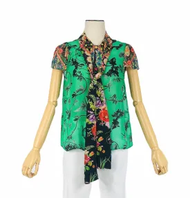 Jeanni Pussy Bow-Collar Cap Sleep Button Front Blouse | Size XS