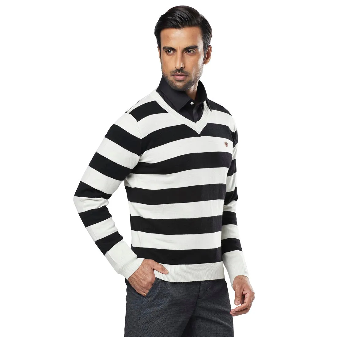 Men Black Acrylic Wool Blend Full Sleeve V Neck Collar Sweaters