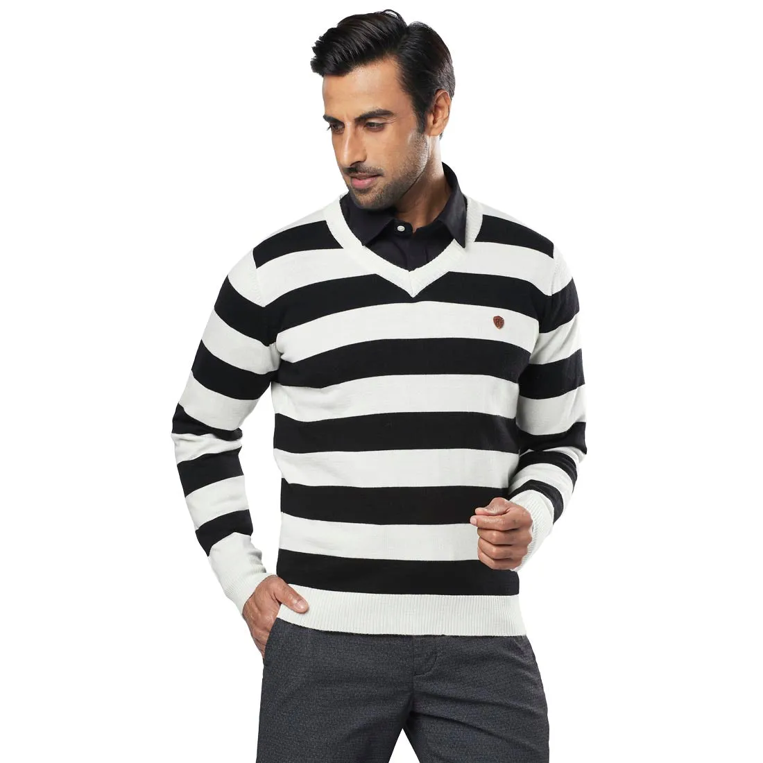 Men Black Acrylic Wool Blend Full Sleeve V Neck Collar Sweaters