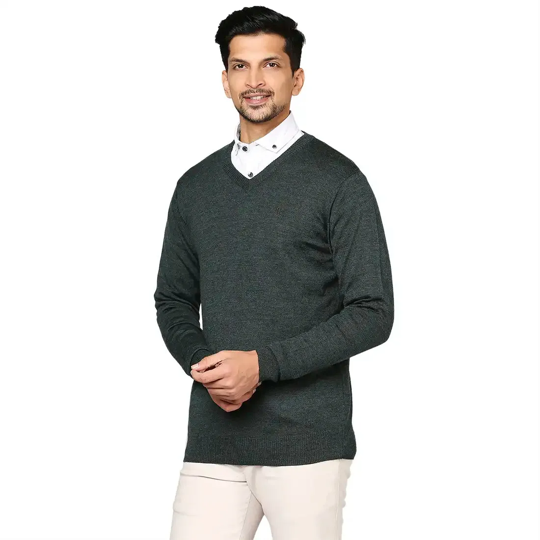 Men Green Solid Wool Blend Full Sleeve V Neck Collar Sweaters