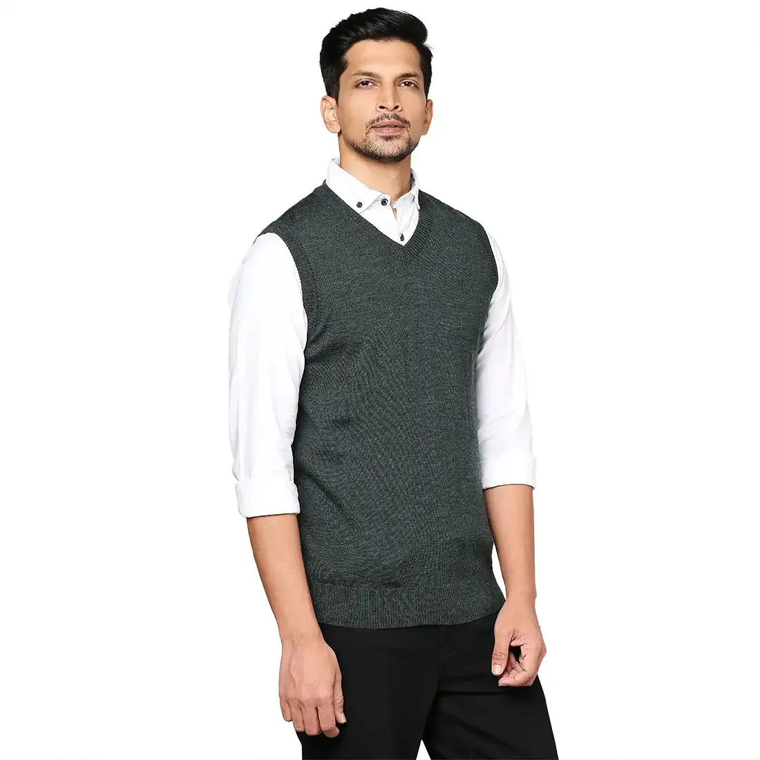 Men Green Solid Wool Blend V Neck Collar Sweaters