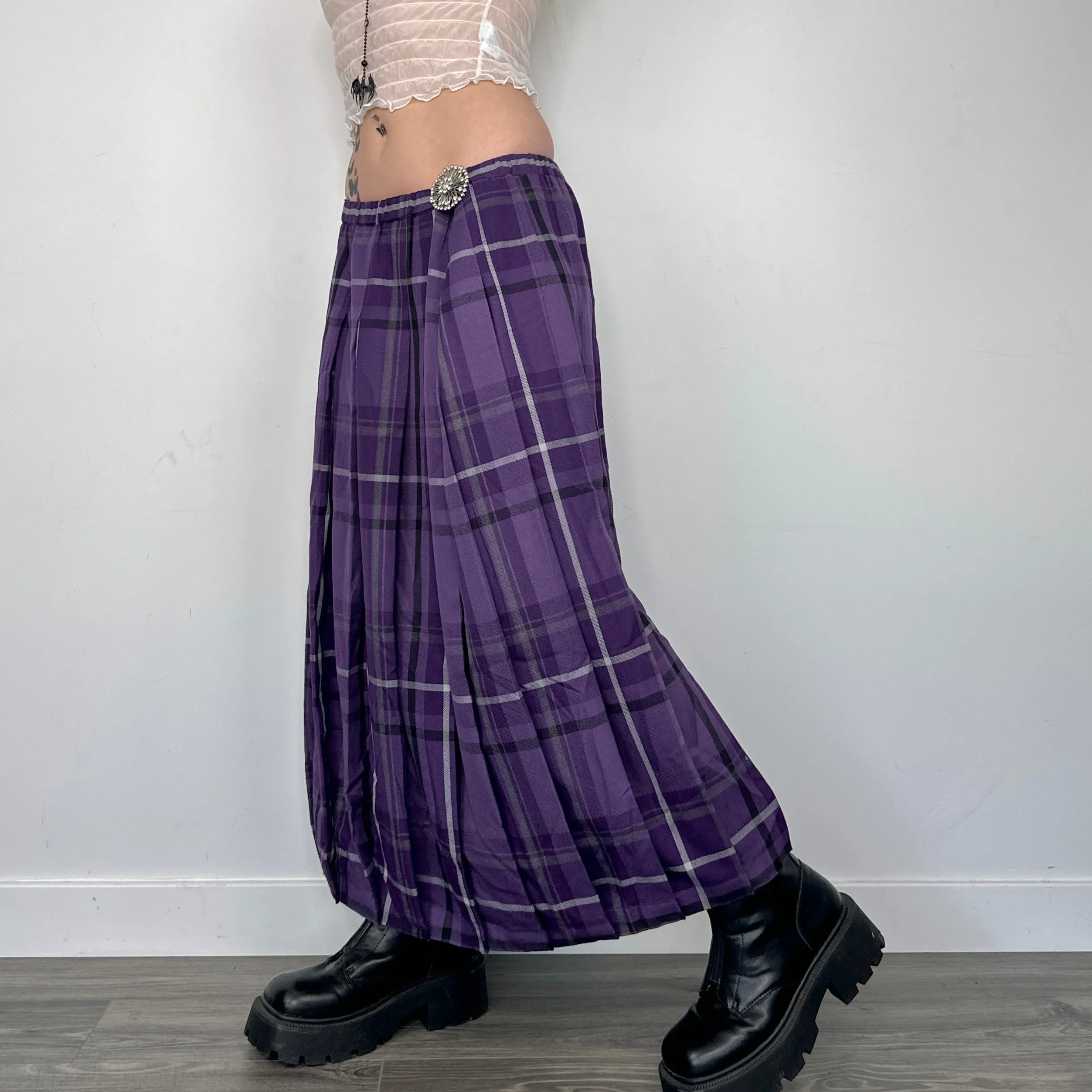 Purple Plaid Pleated Maxi Skirt (L/XL)