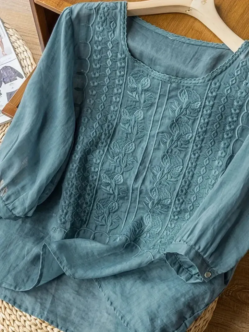 Rachel Embroidered Linen T-Shirt – Lightweight Elegance for Everyday Wear