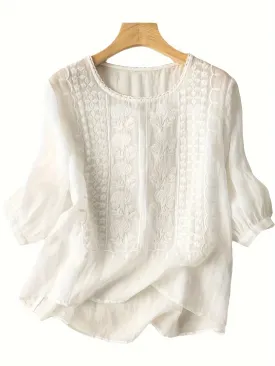 Rachel Embroidered Linen T-Shirt – Lightweight Elegance for Everyday Wear