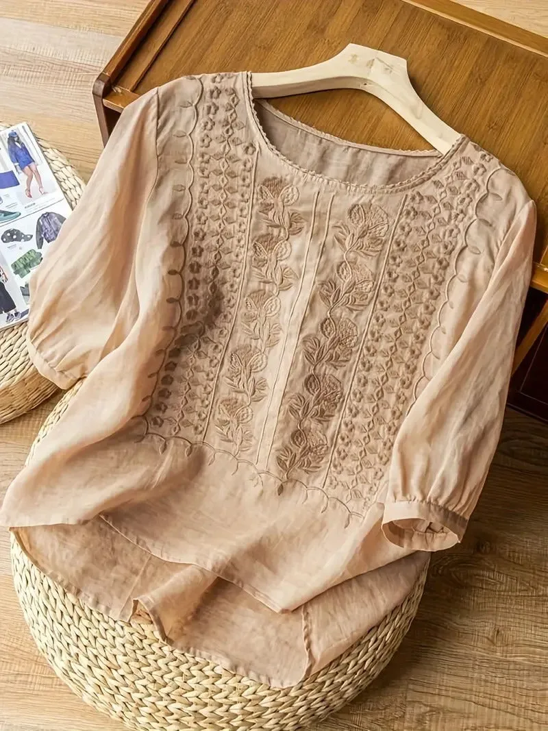 Rachel Embroidered Linen T-Shirt – Lightweight Elegance for Everyday Wear