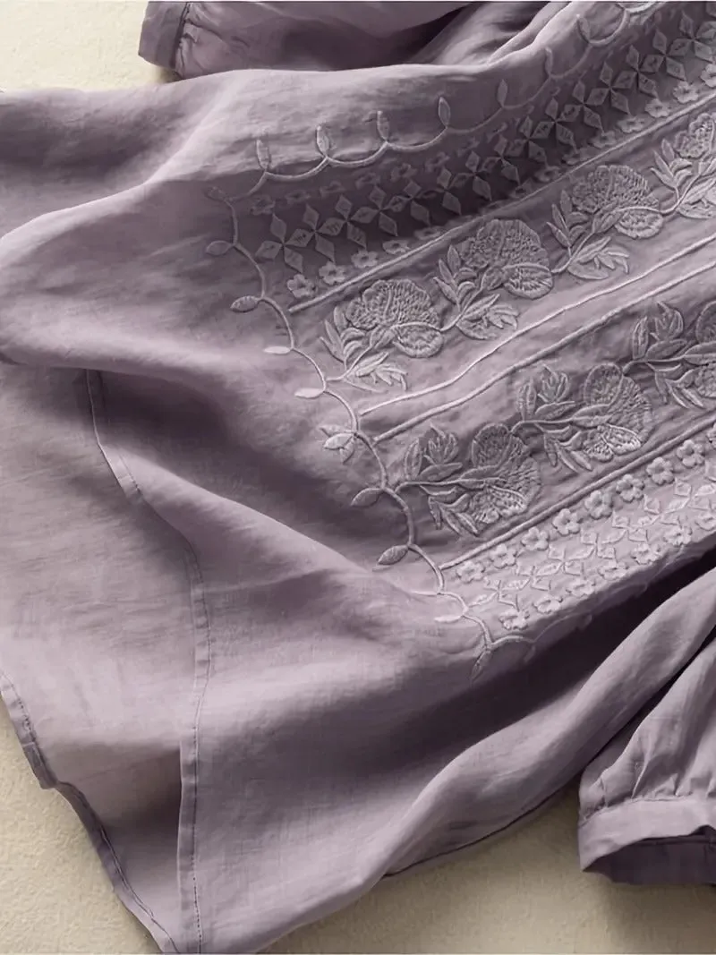 Rachel Embroidered Linen T-Shirt – Lightweight Elegance for Everyday Wear