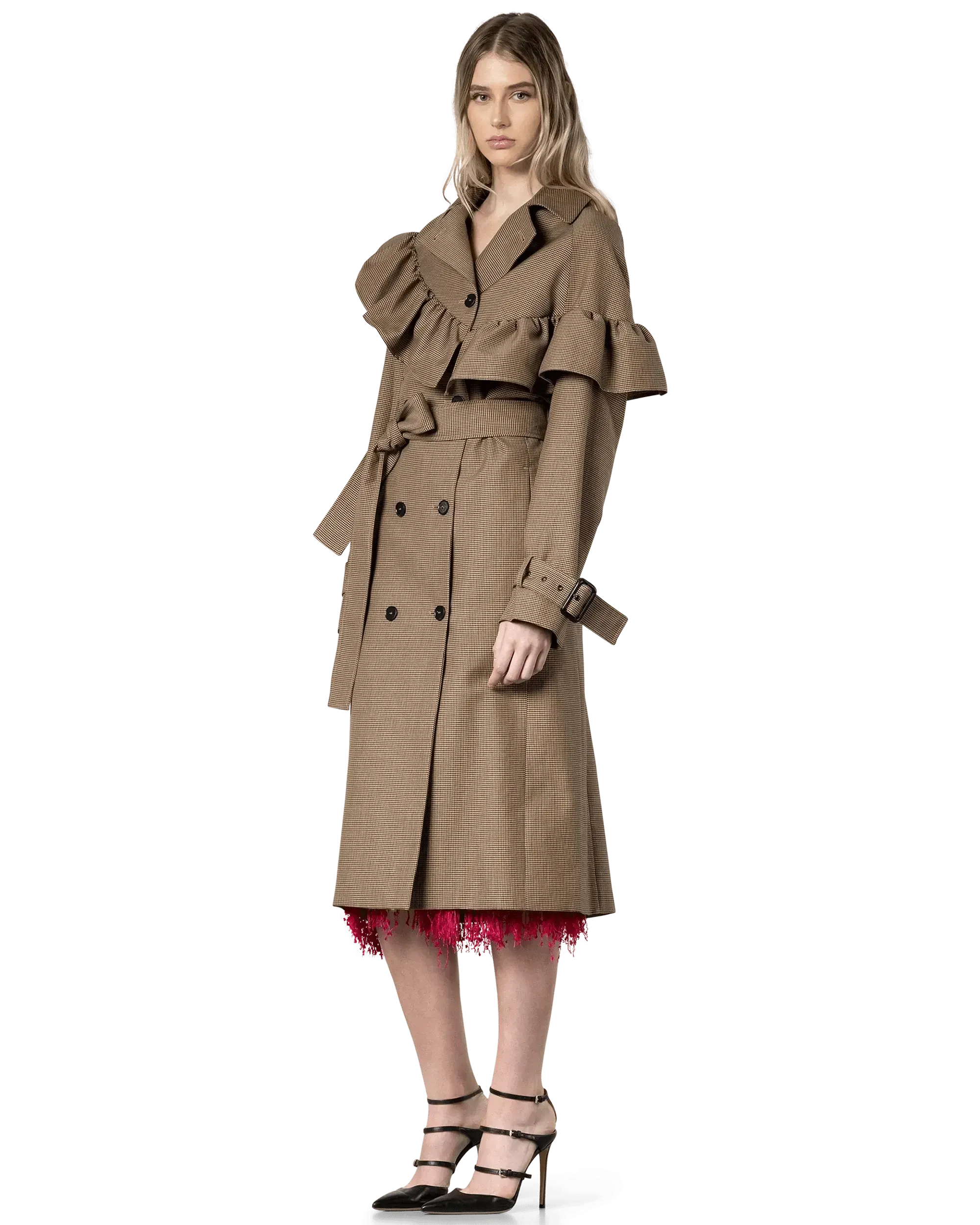Ruffled Houndstooth Belted Coat